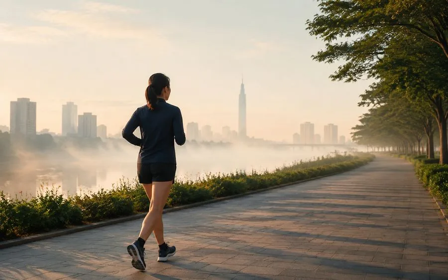 Người phụ nữ chạy bộ ven sông vào sáng sớm