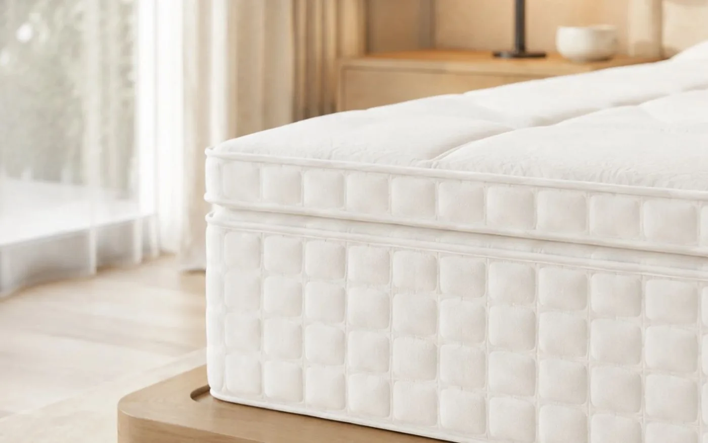 Cận cảnh góc nệm được dệt hoa văn tinh tế trong ánh sáng dịu