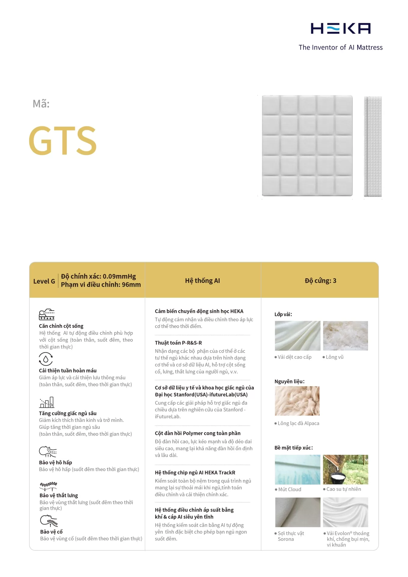bảng thông tin cơ bản của nệm AI GTS Series