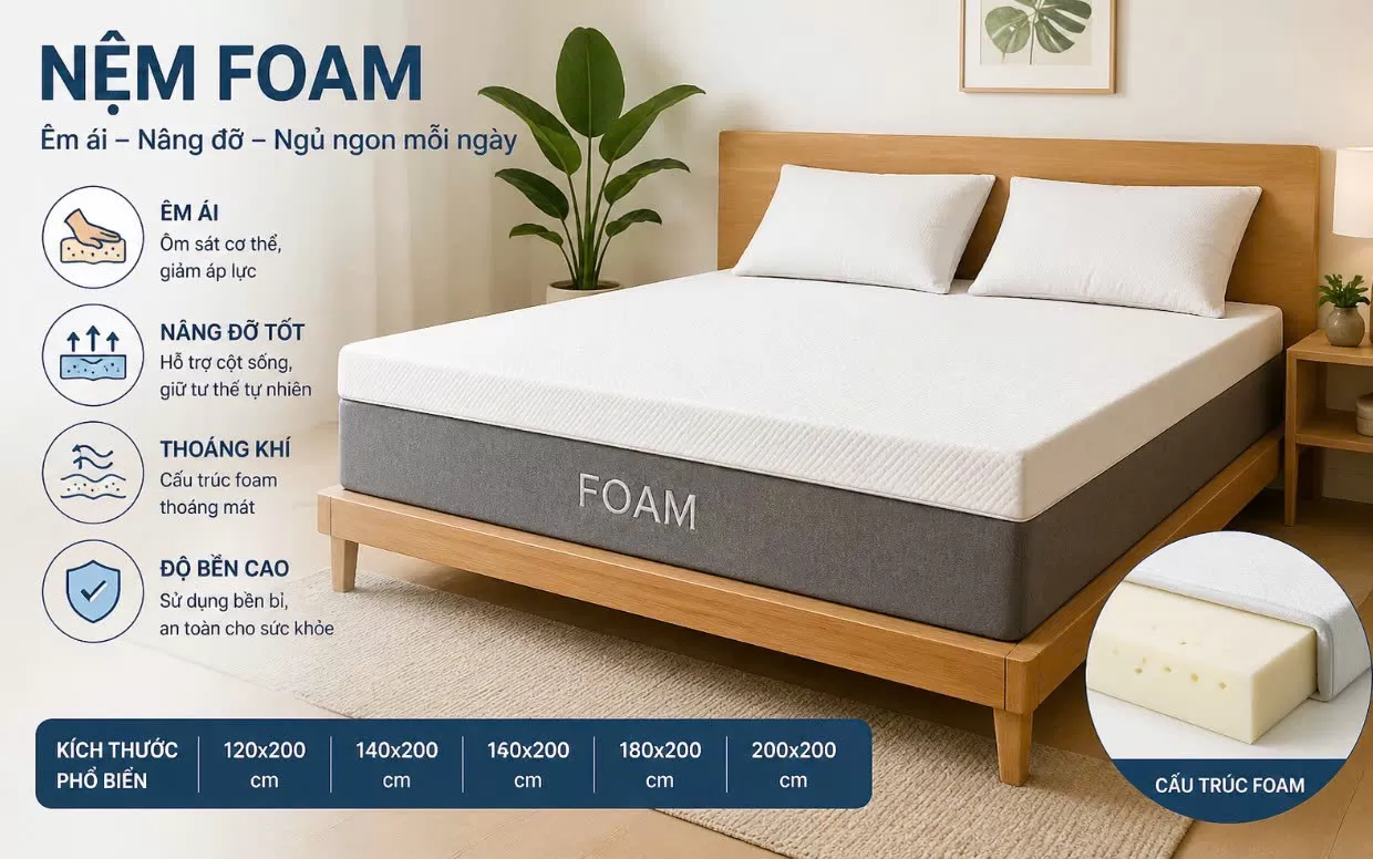 Nệm foam là gì? Cấu tạo và ưu, nhược điểm và kinh nghiệm chọn mua
